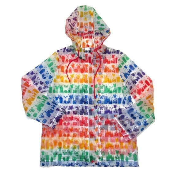 NWT Disney Parks Hooded Rain Jacket in Clear Rainbow Treats Castle Zip Coat M - Picture 1 of 4
